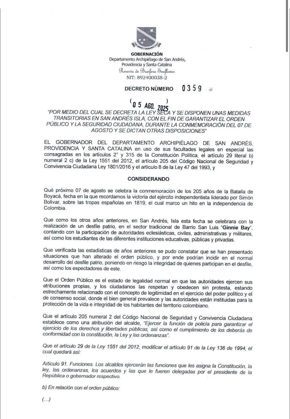 Decreto establece Ley Seca en San Andrés por celebración del 7 de agosto