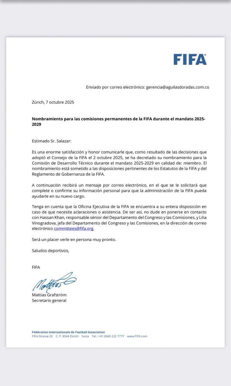 ¡HISTÓRICO! FERNANDO SALAZAR CONQUISTA LA FIFA: NOMBRADO MIEMBRO DE LA COMISIÓN DE DESARROLLO TÉCNICO 2025-2029