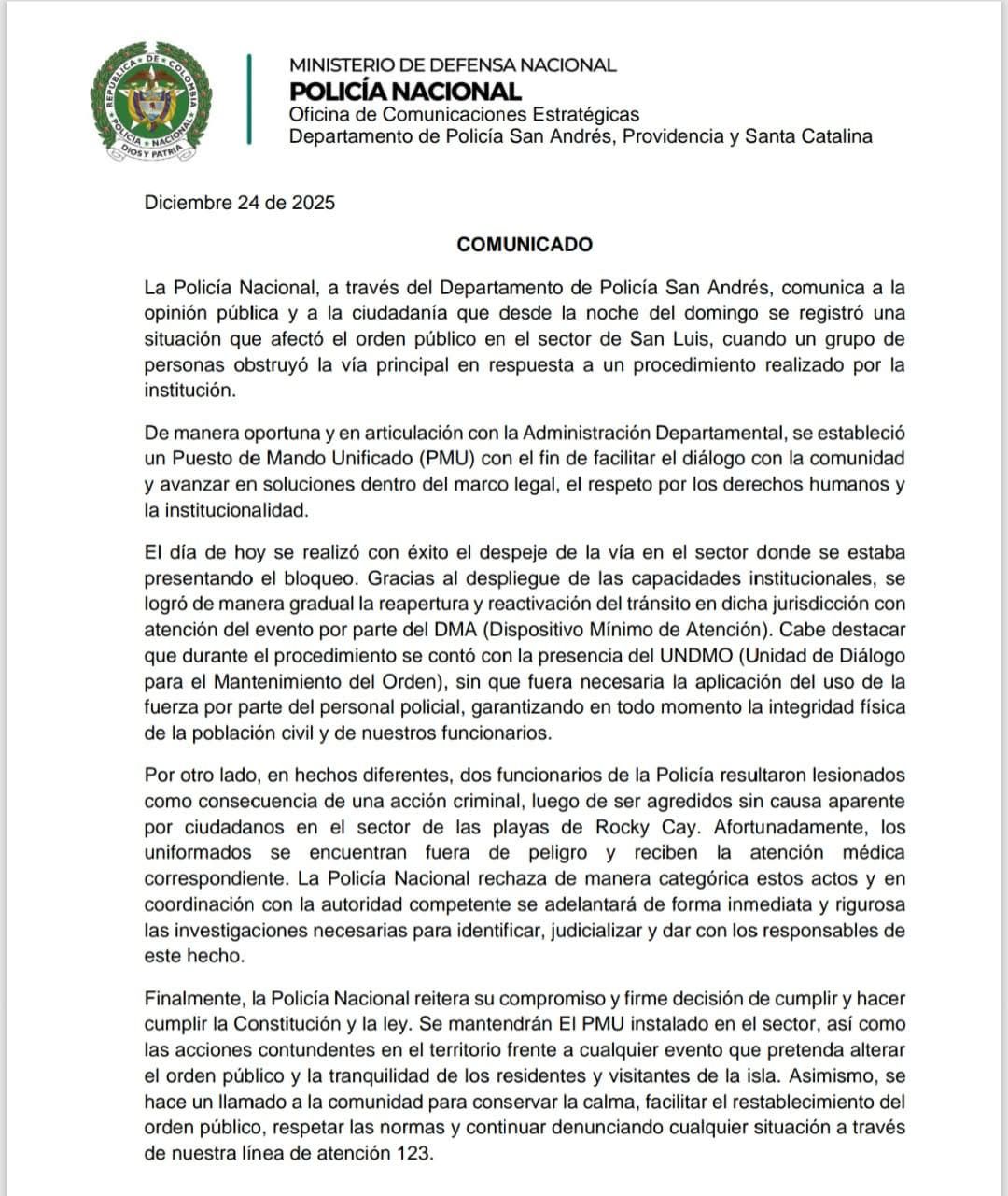 Comunicado del Departamento de Policía San Andrés sobre los hechos de bloqueo en la isla