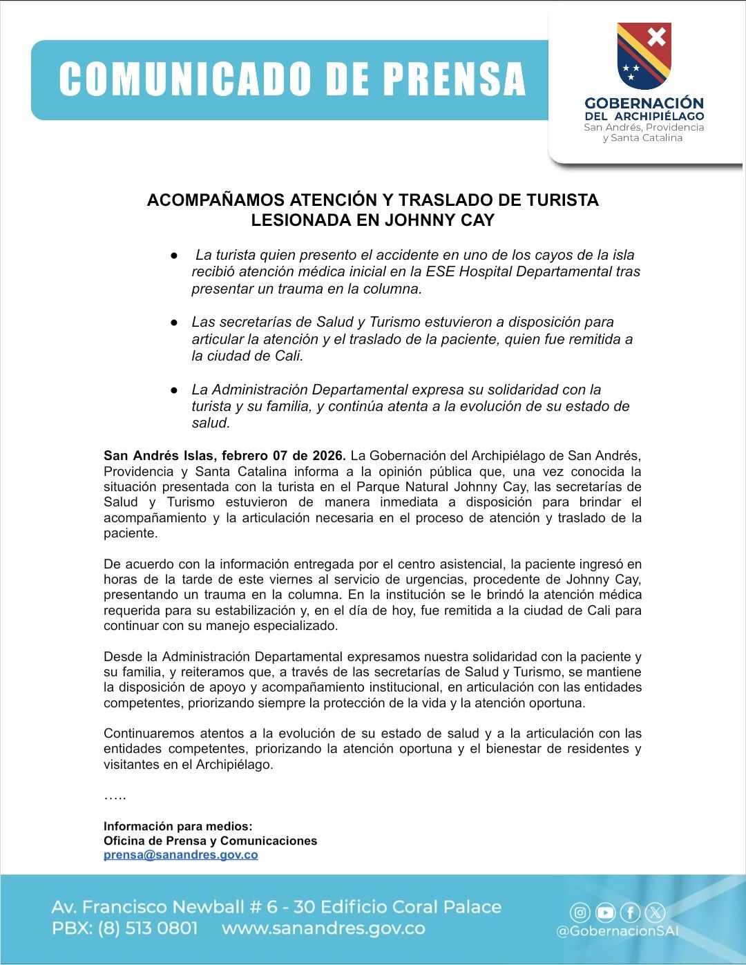 Brindan acompañamiento en la atención y traslado de turista lesionada en Johnny Cay.