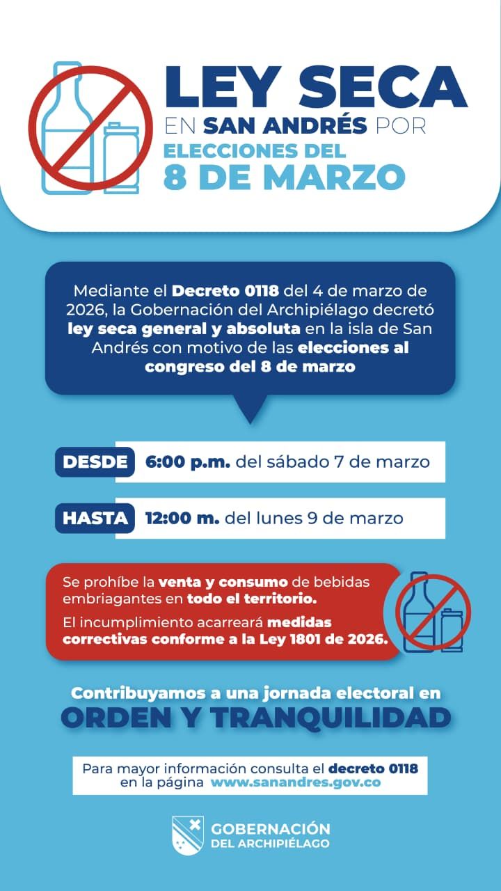 Gobernación decreta ley seca en San Andrés por elecciones al Congreso.