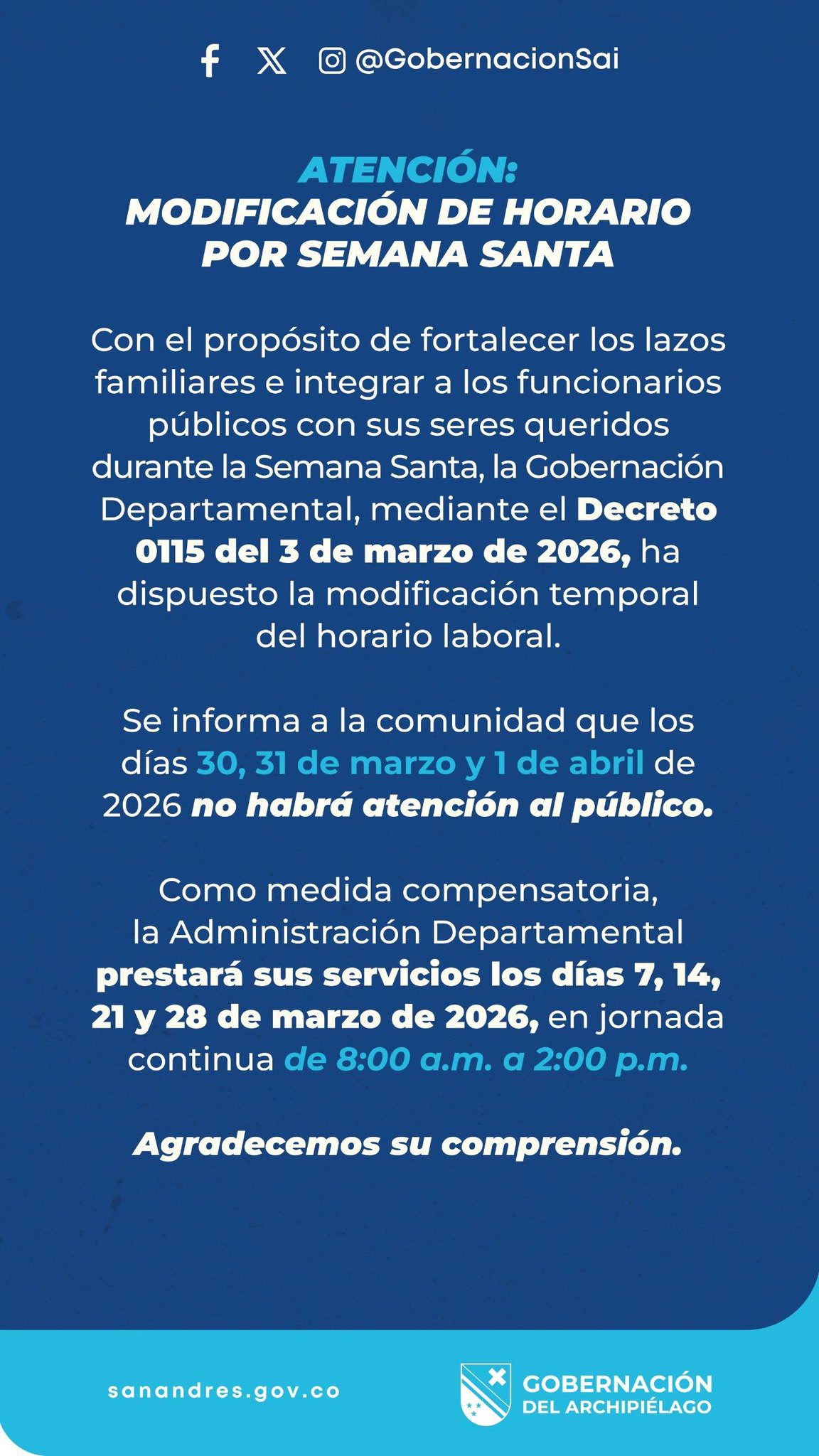 Gobernación establece nuevo horario de atención durante Semana Santa.