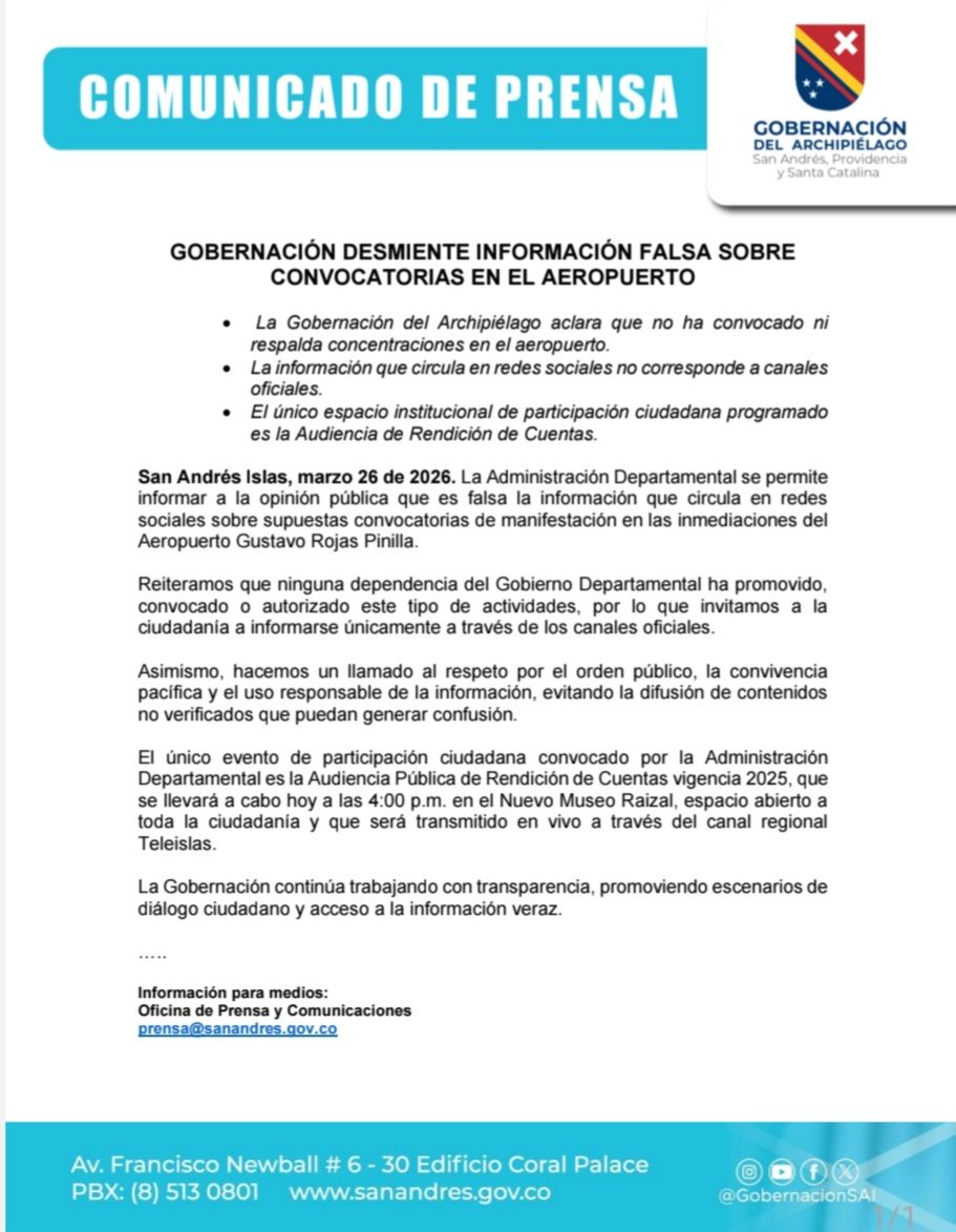 Autoridades desmienten información falsa sobre convocatorias en el aeropuerto de San Andrés.