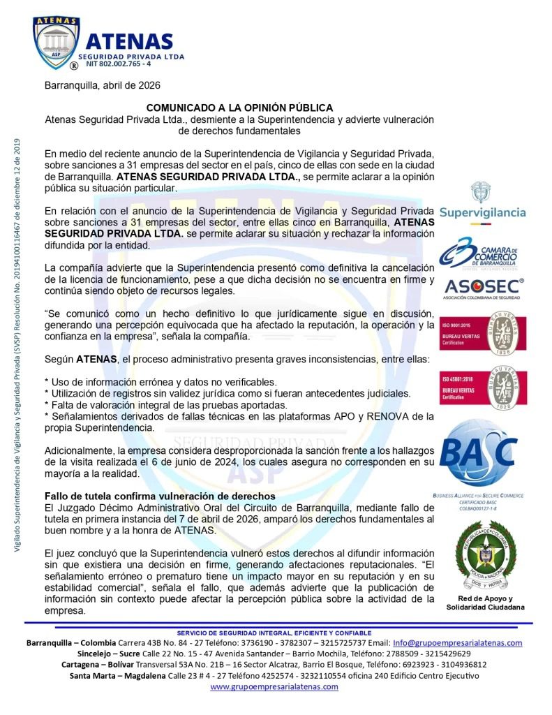 Atenas Seguridad desmiente a la Supervigilancia: Fallo judicial ordena rectificación inmediata.