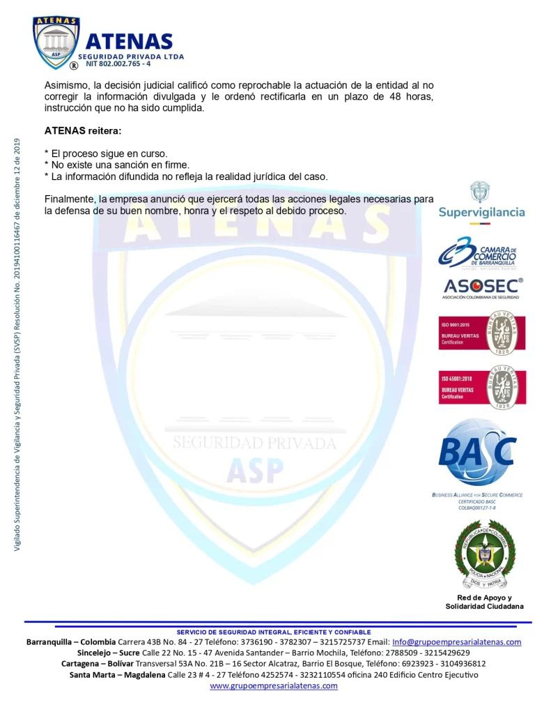 Atenas Seguridad desmiente a la Supervigilancia: Fallo judicial ordena rectificación inmediata.