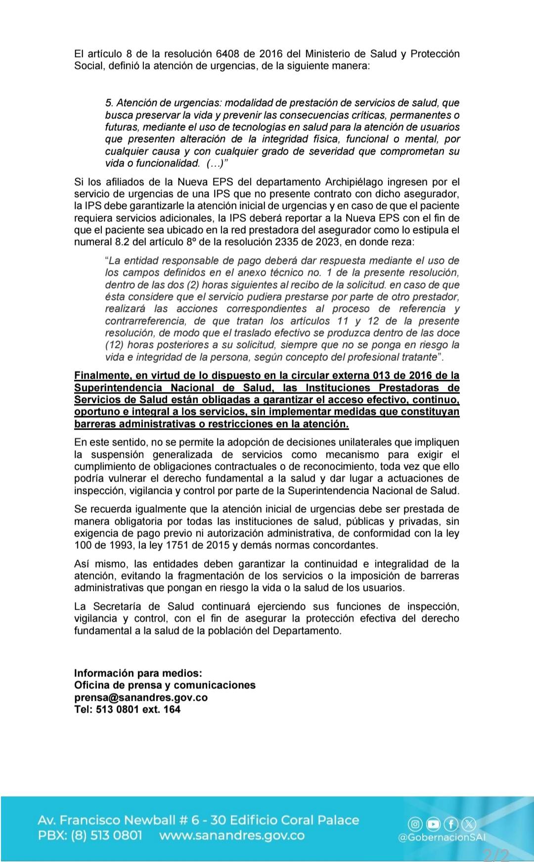 Gobernación informa sobre la red de atención de Nueva EPS y el acceso a urgencias en el Archipiélago.