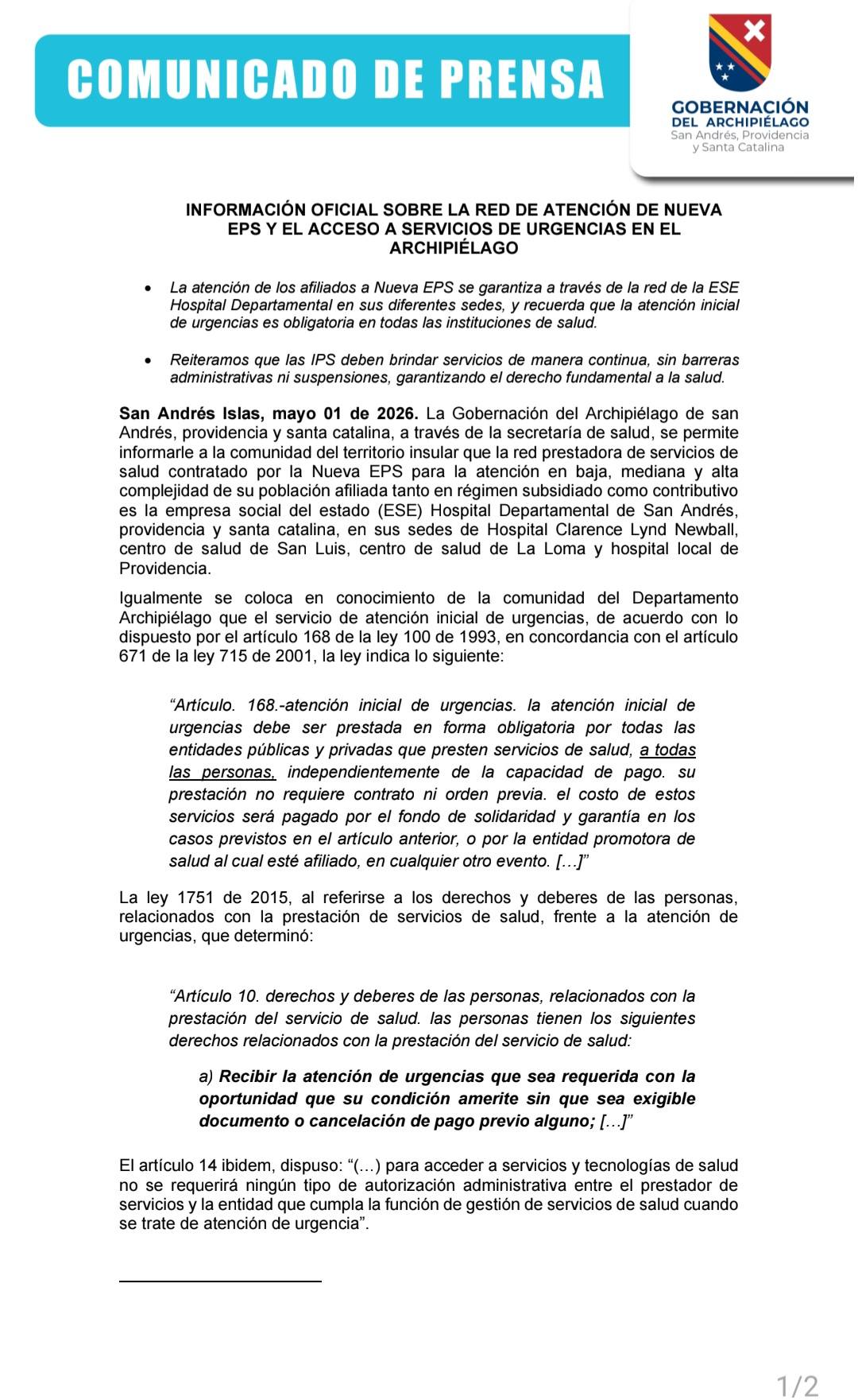 Gobernación informa sobre la red de atención de Nueva EPS y el acceso a urgencias en el Archipiélago.